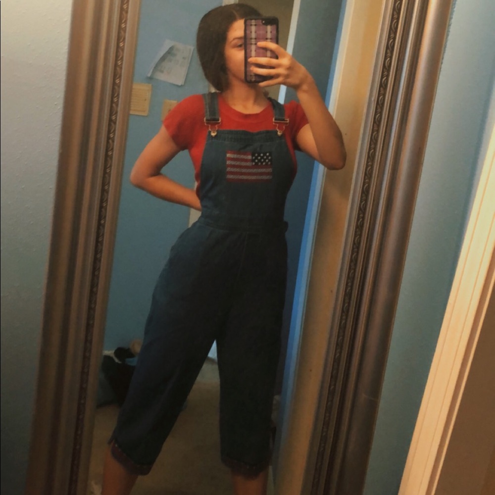 capri overalls with embroidered american flag